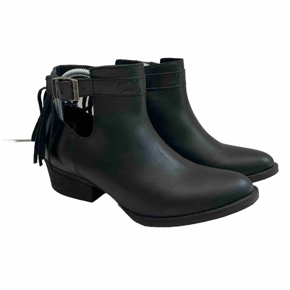 Harley Davidson Boots Amory Heeled Leather Ankle Fringe Buckle Braided Black - Picture 1 of 16